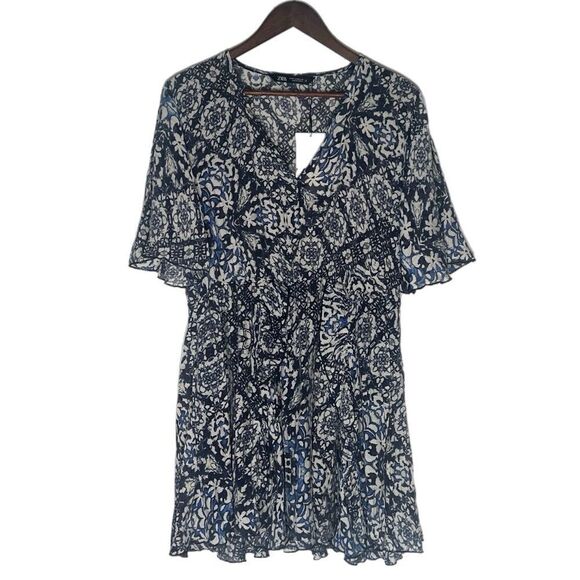 Zara Blue Ruffle Batik Printed Mini Dress - Picture 2 of 9
